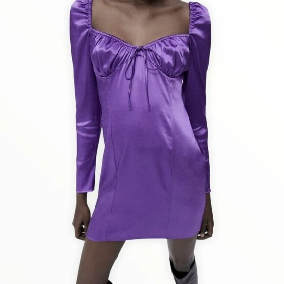 ZARA Women's Large Lilac Purple Gathered Ruched Satin Effect Mini Dress - Picture 1 of 12